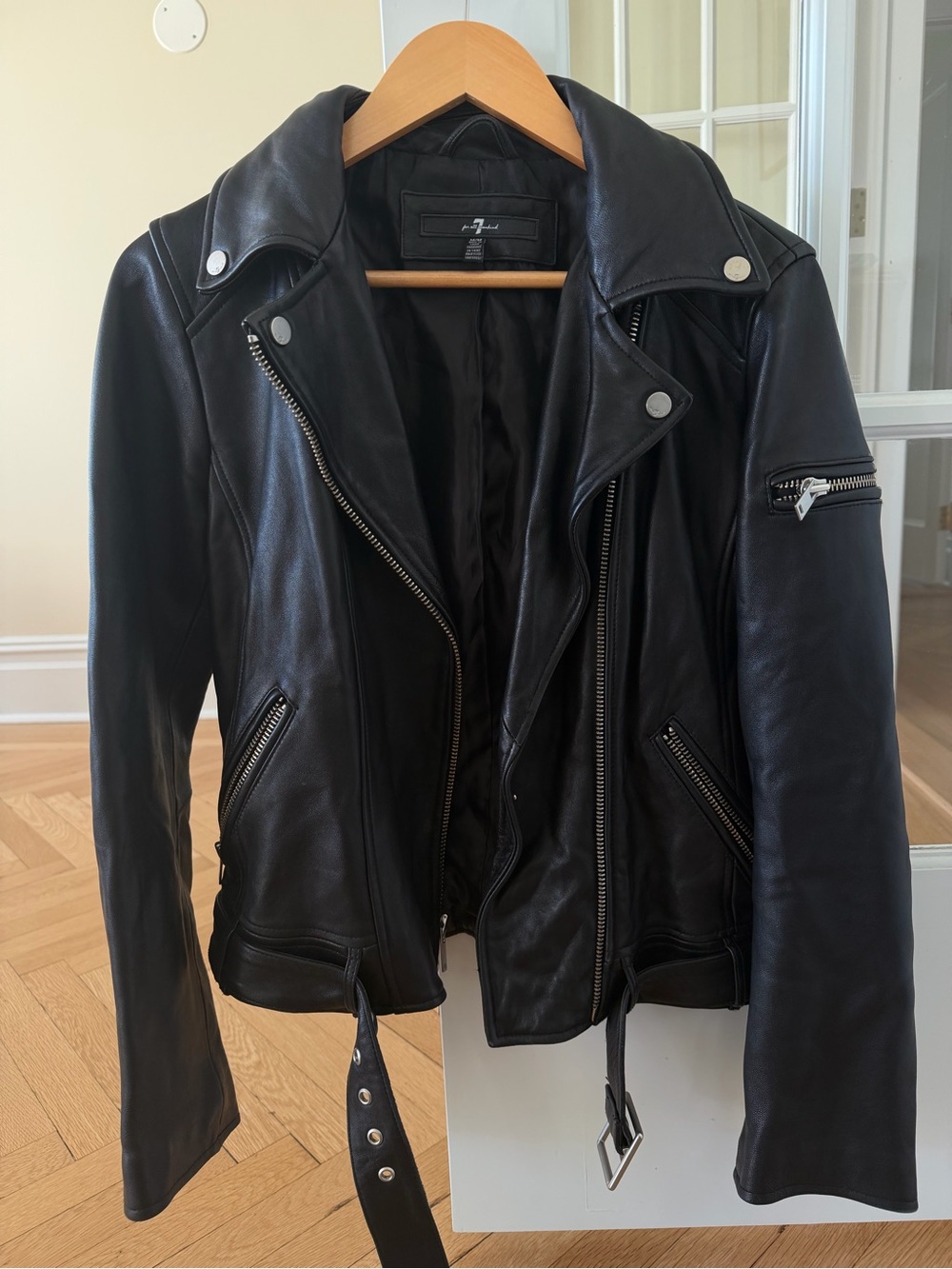 7 For All Mankind Black Leather Moto Jacket with Zip Details